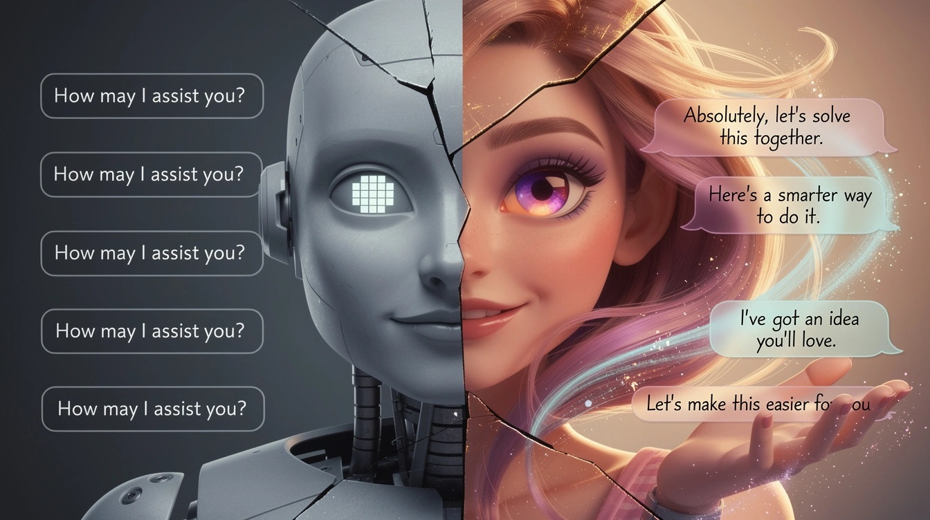 Before and after — generic bot vs living personality